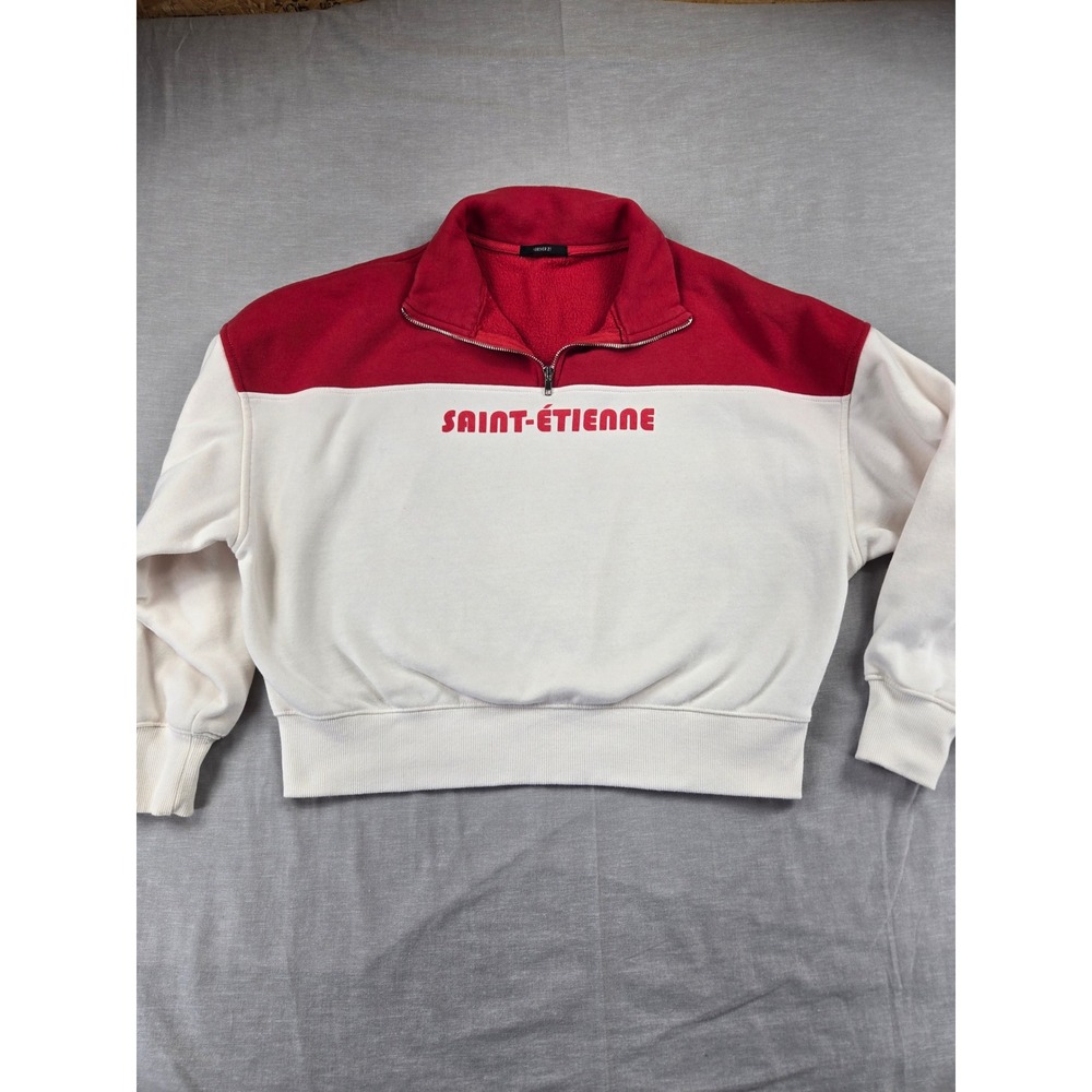 Forever 21 Saint-Etienne Quarter Zip Colorblock Sweatshirt Red Cream Cropped L
